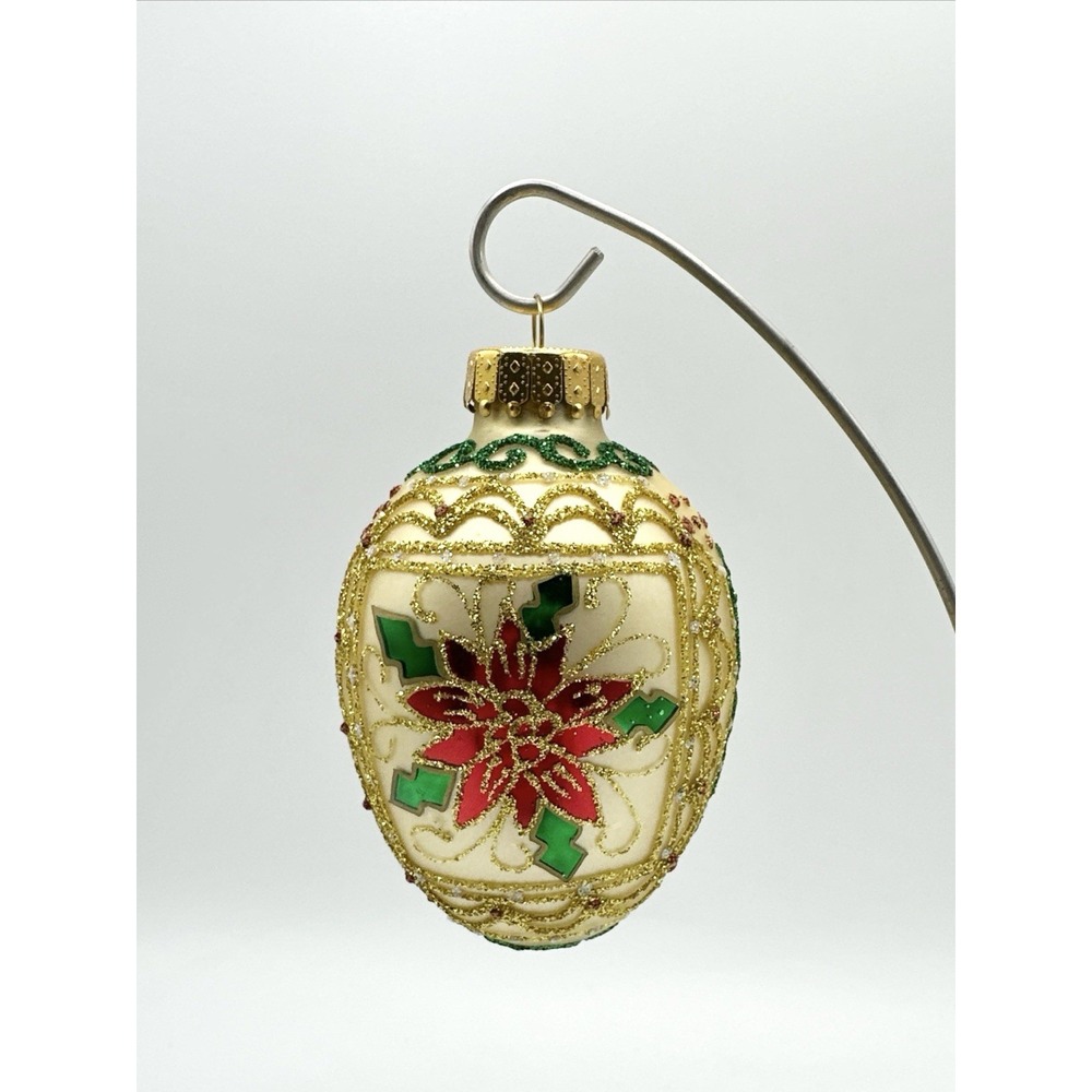 Vintage UT Hand Painted Egg Shaped Christmas Ornament Glitter Floral Poinsettia